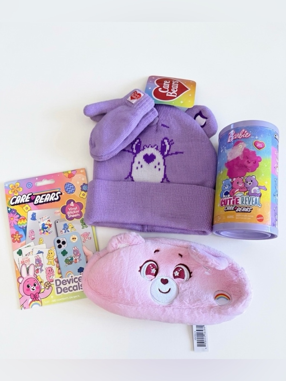 Care Bears 4pc Bundle Purple Knit Penguin Beanie/pouch/stickers/surprise reveal!